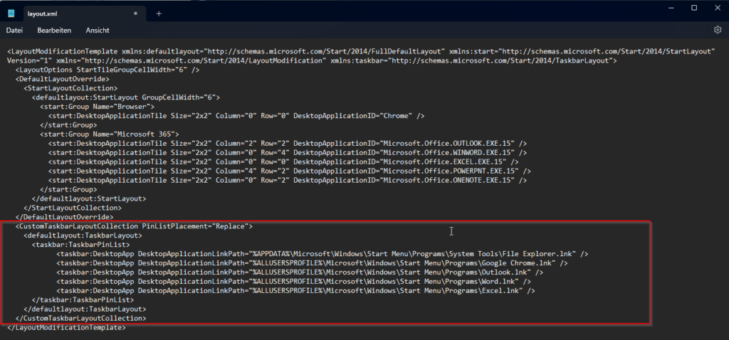 Complete XML layout example with Start and taskbar